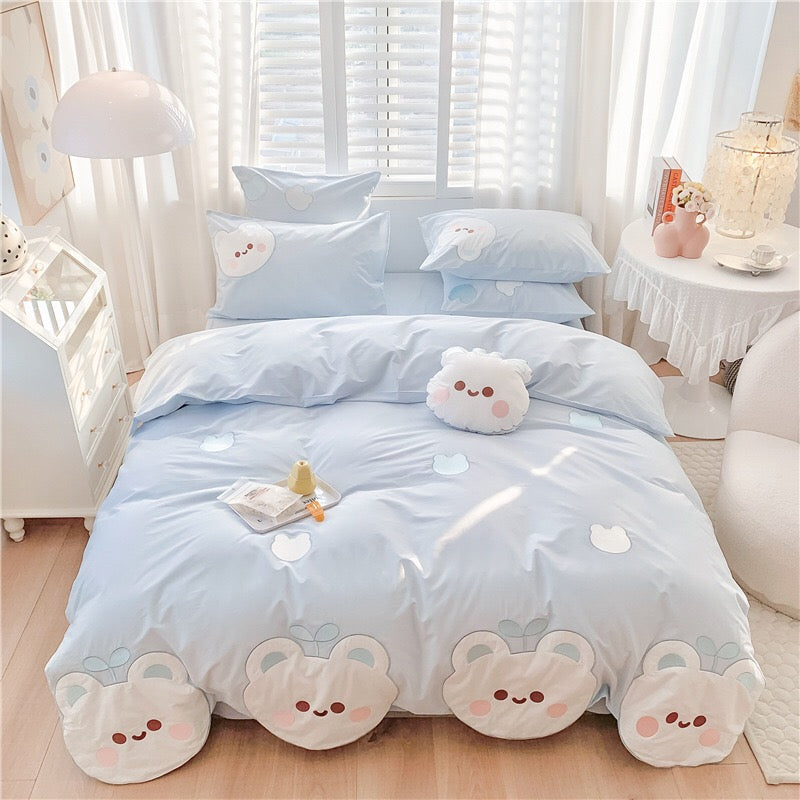 Blue Cute Cartoon Bear Pattern Embroidery Bedding Set