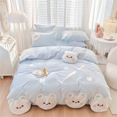 Blue Cute Cartoon Bear Pattern Embroidery Bedding Set