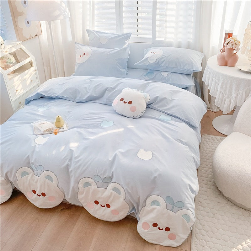 Blue Cute Cartoon Bear Pattern Embroidery Bedding Set