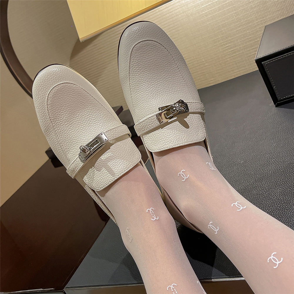 Leather Loafers Metal Locking Classic Leather Flat Shoes