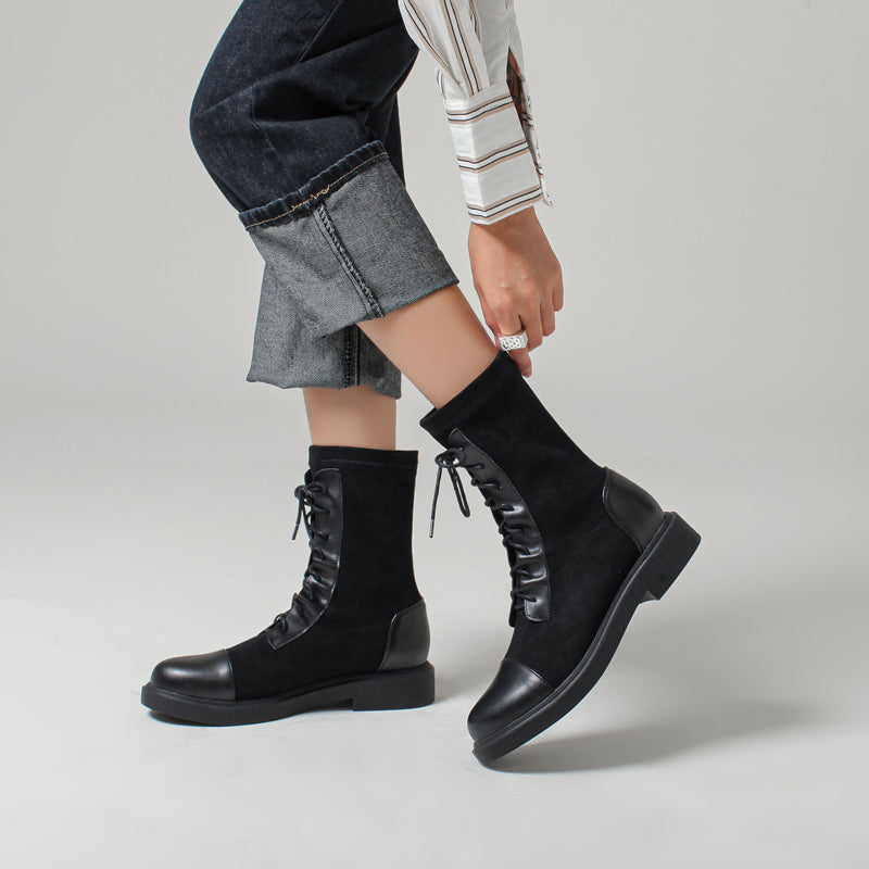 Round Toe Low Heel Flats Lace-Up Short Boots