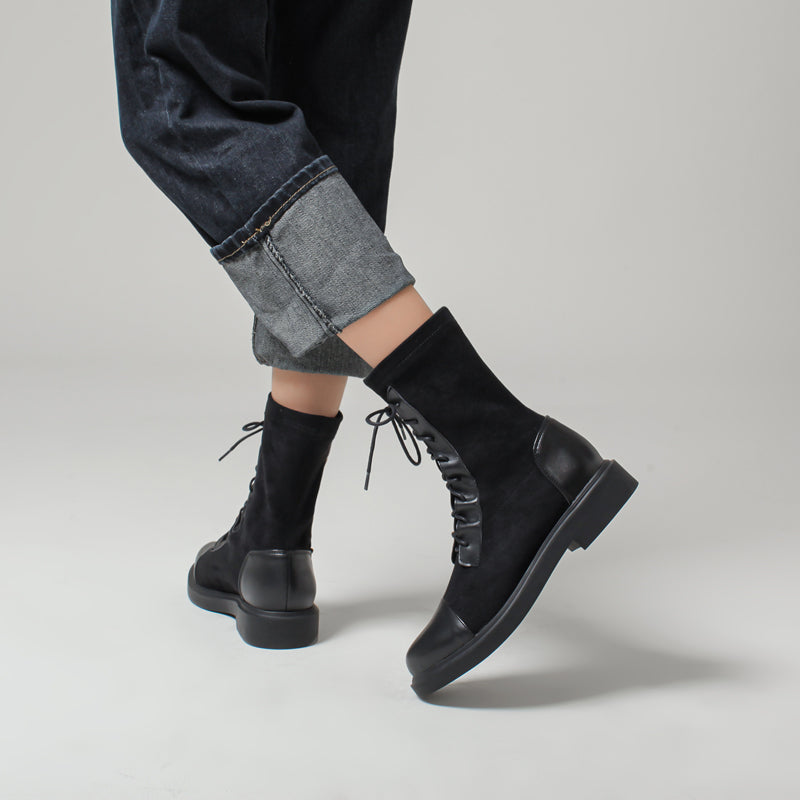 Round Toe Low Heel Flats Lace-Up Short Boots