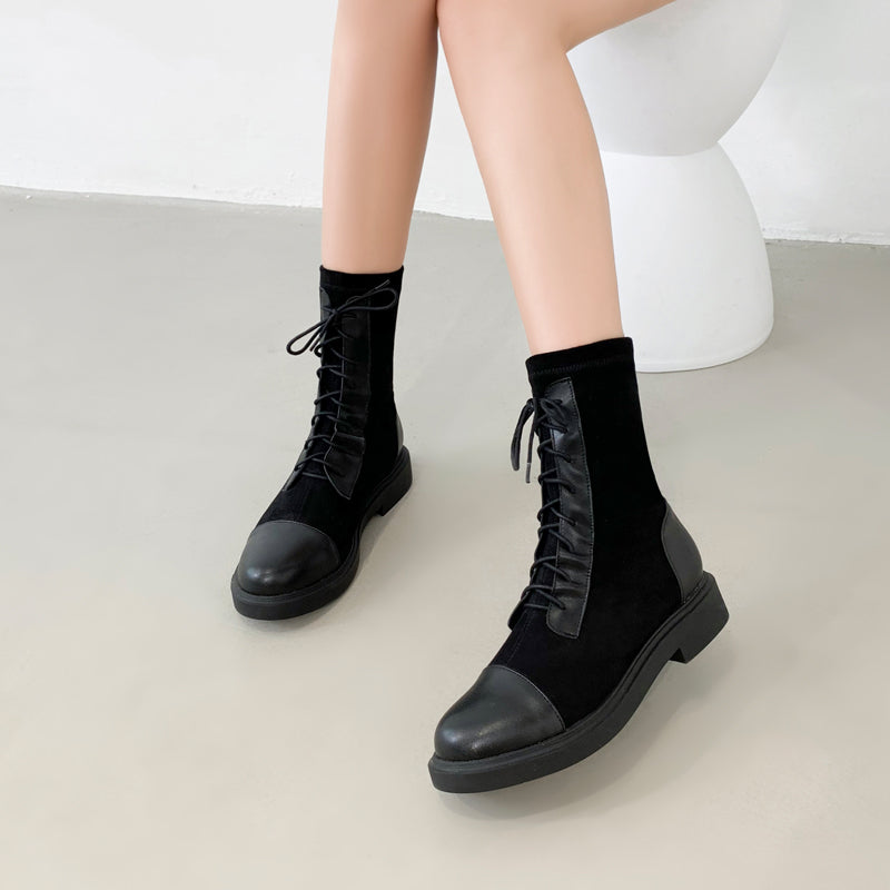 Round Toe Low Heel Flats Lace-Up Short Boots