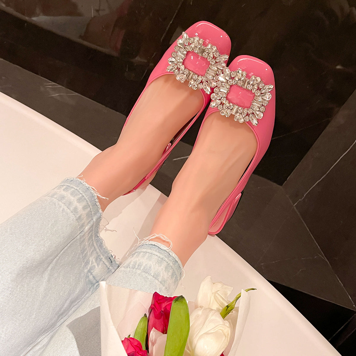 Summer Rhinestones Square Toe Daily Sandals