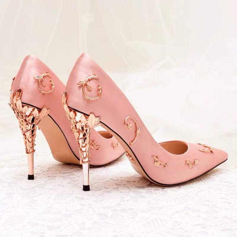 Flower Heel Wedding Shoes Elegant Silk High Heels Pumps