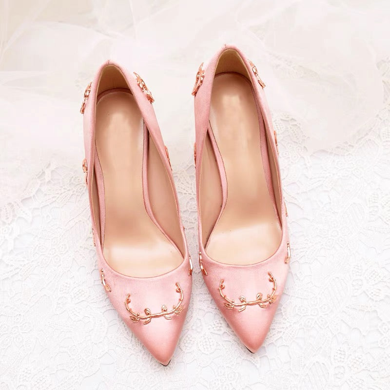 Flower Heel Wedding Shoes Elegant Silk High Heels Pumps