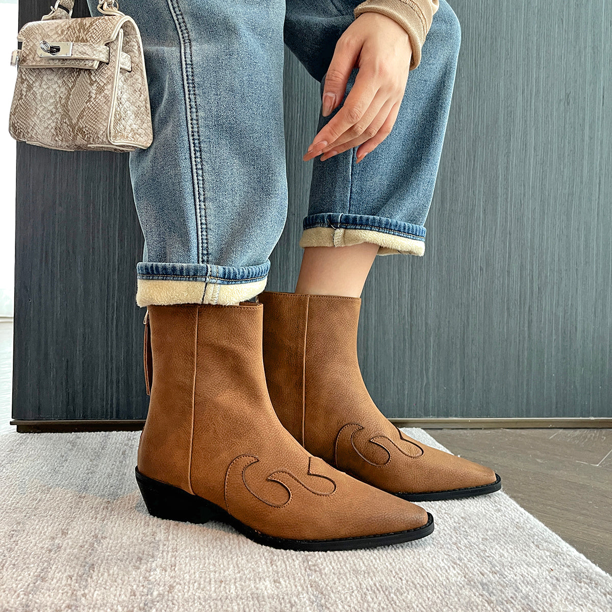 Western Cowboy Style Pointed Toe Boots for Zip Ankle Booties