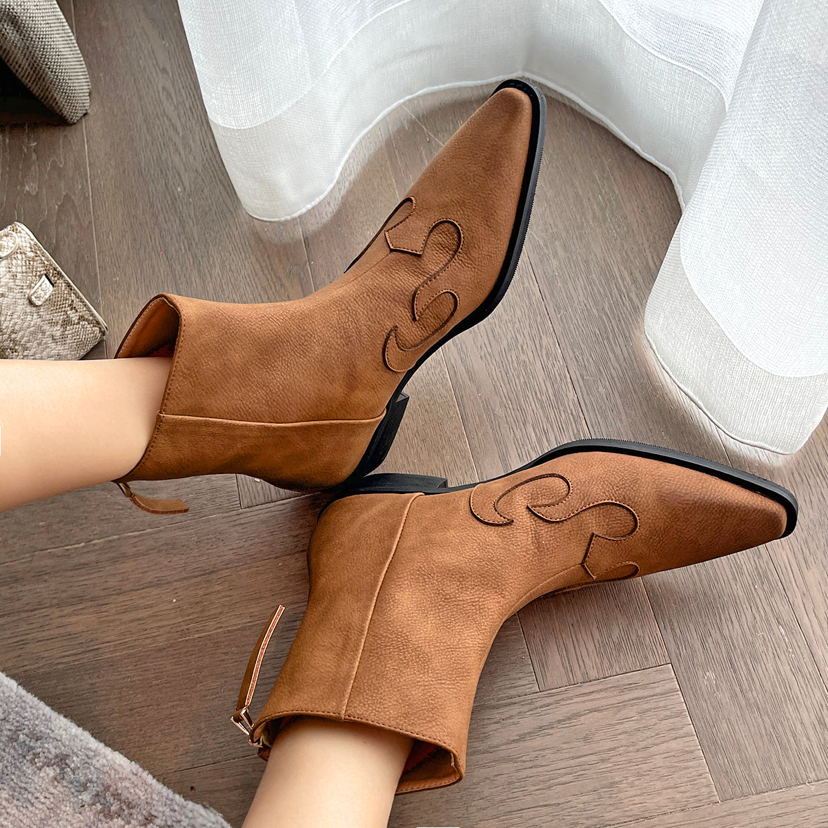 Western Cowboy Style Pointed Toe Boots for Zip Ankle Booties