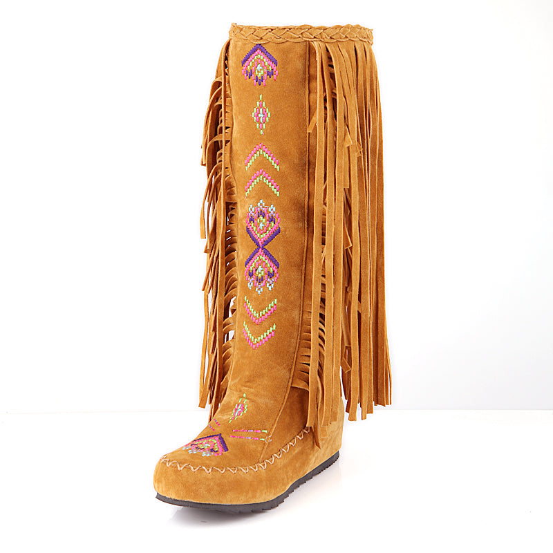 Kniehohe Vintage-Stiefel mit bestickten Fransen für Damen 