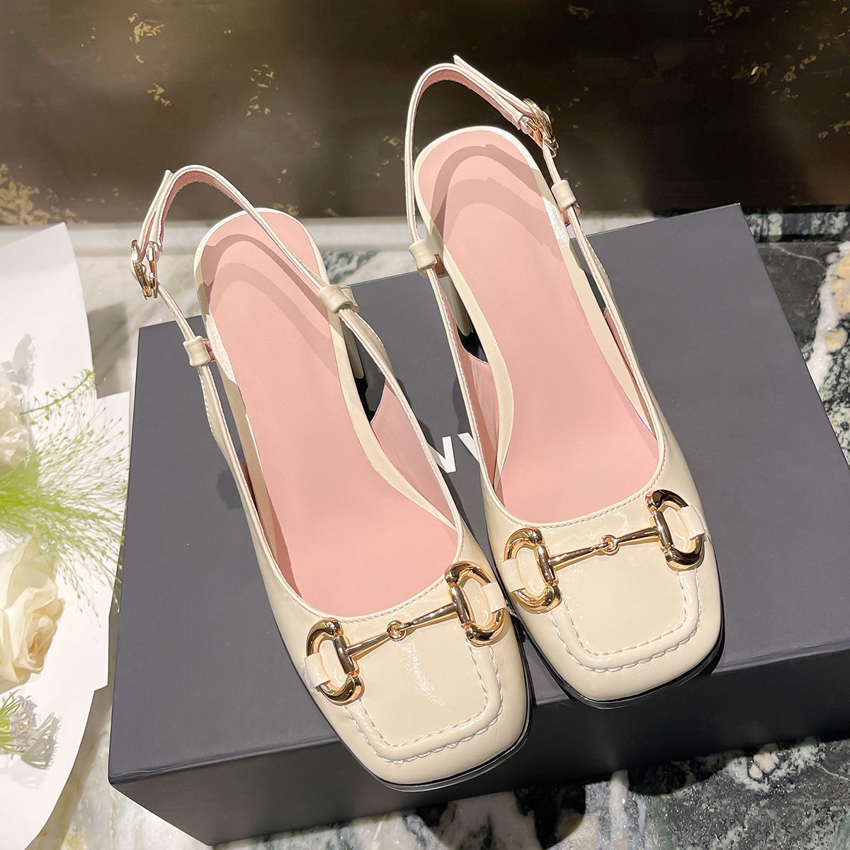 Slingback Square Toe Block Heel Leather Sandals for Women