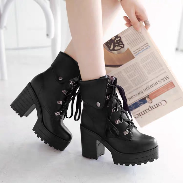 Japanese White Black Platform Lace Up Ankle Boots cosplay