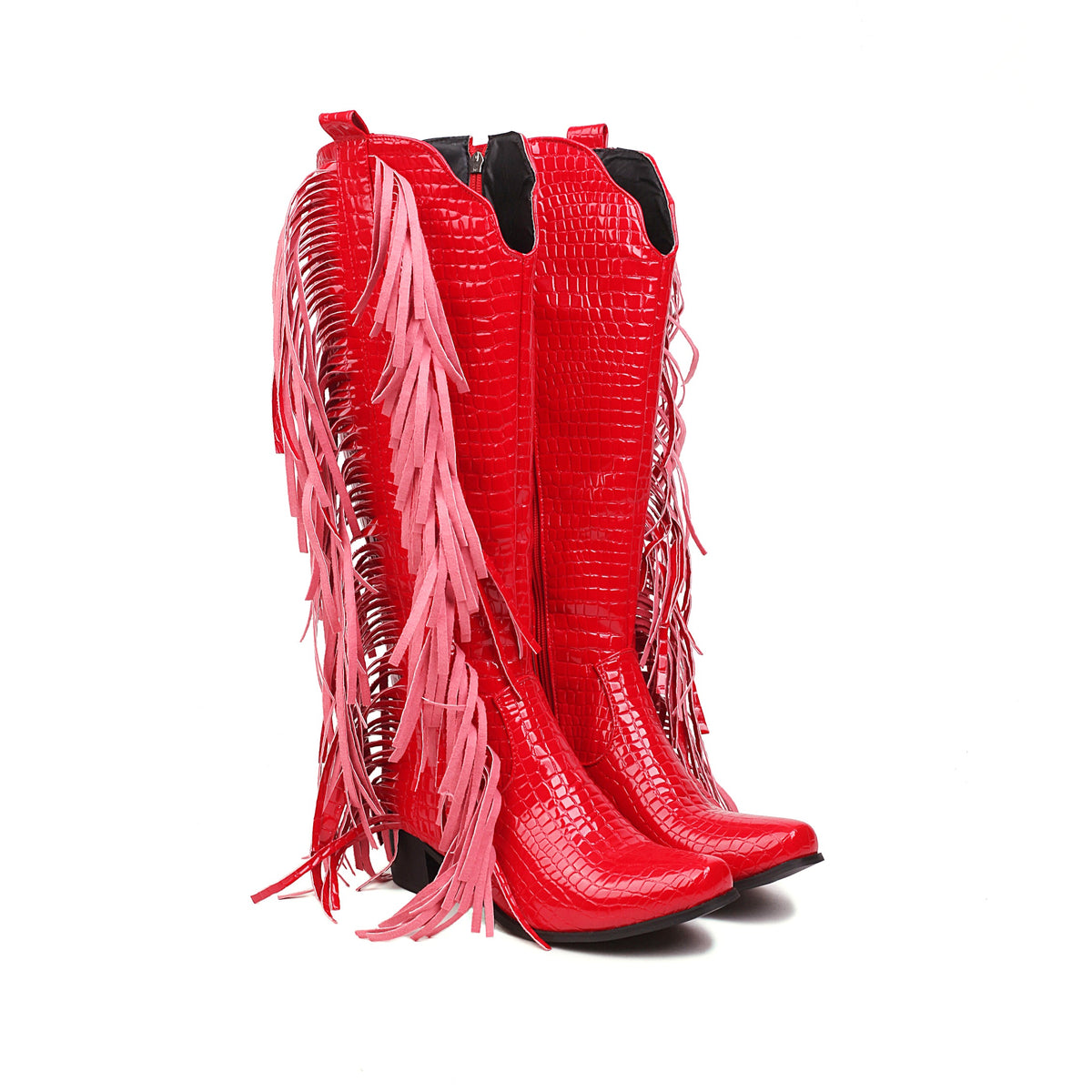 Zipper Pattern Fringe Western Cowboy Boots