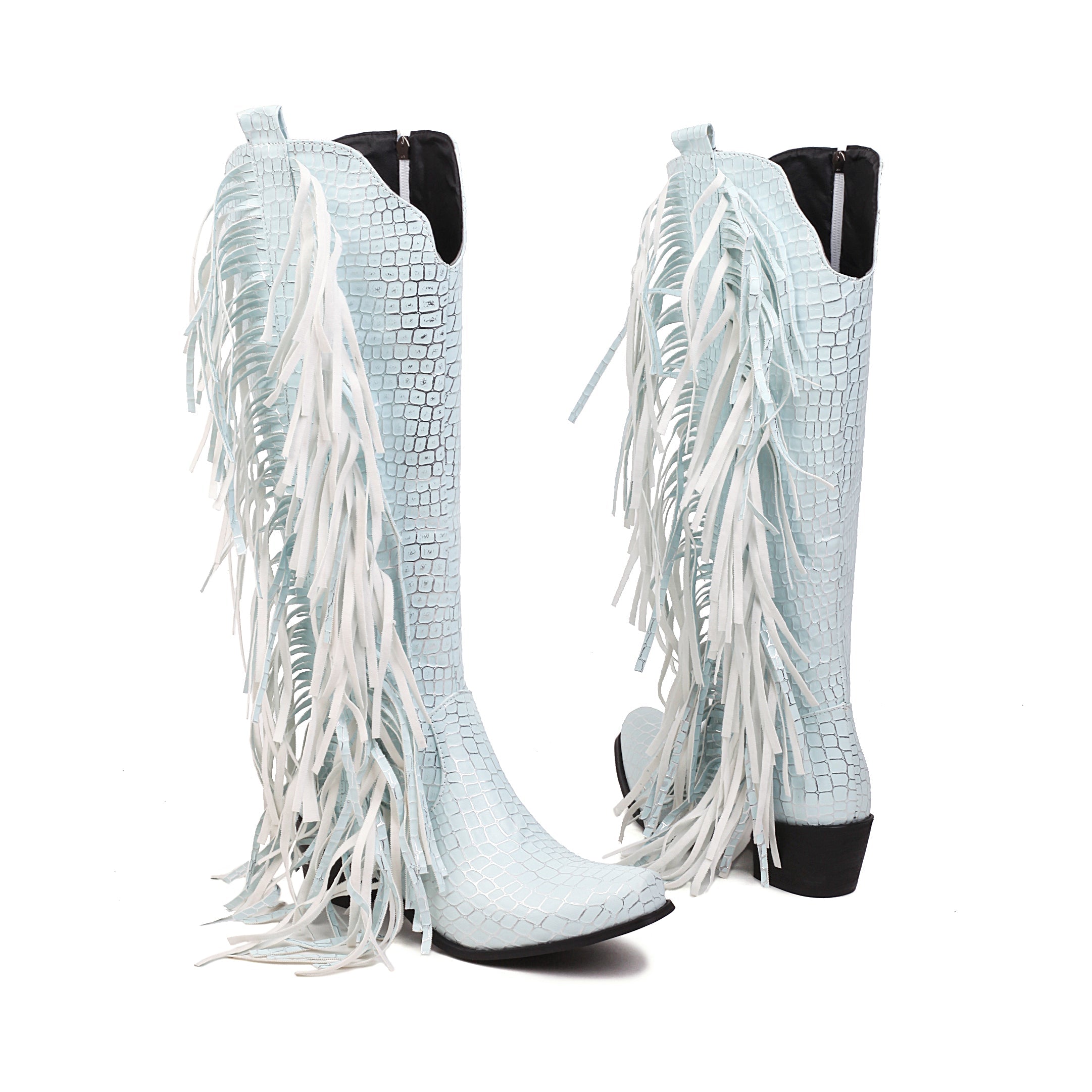 Zipper Pattern Fringe Western Cowboy Boots