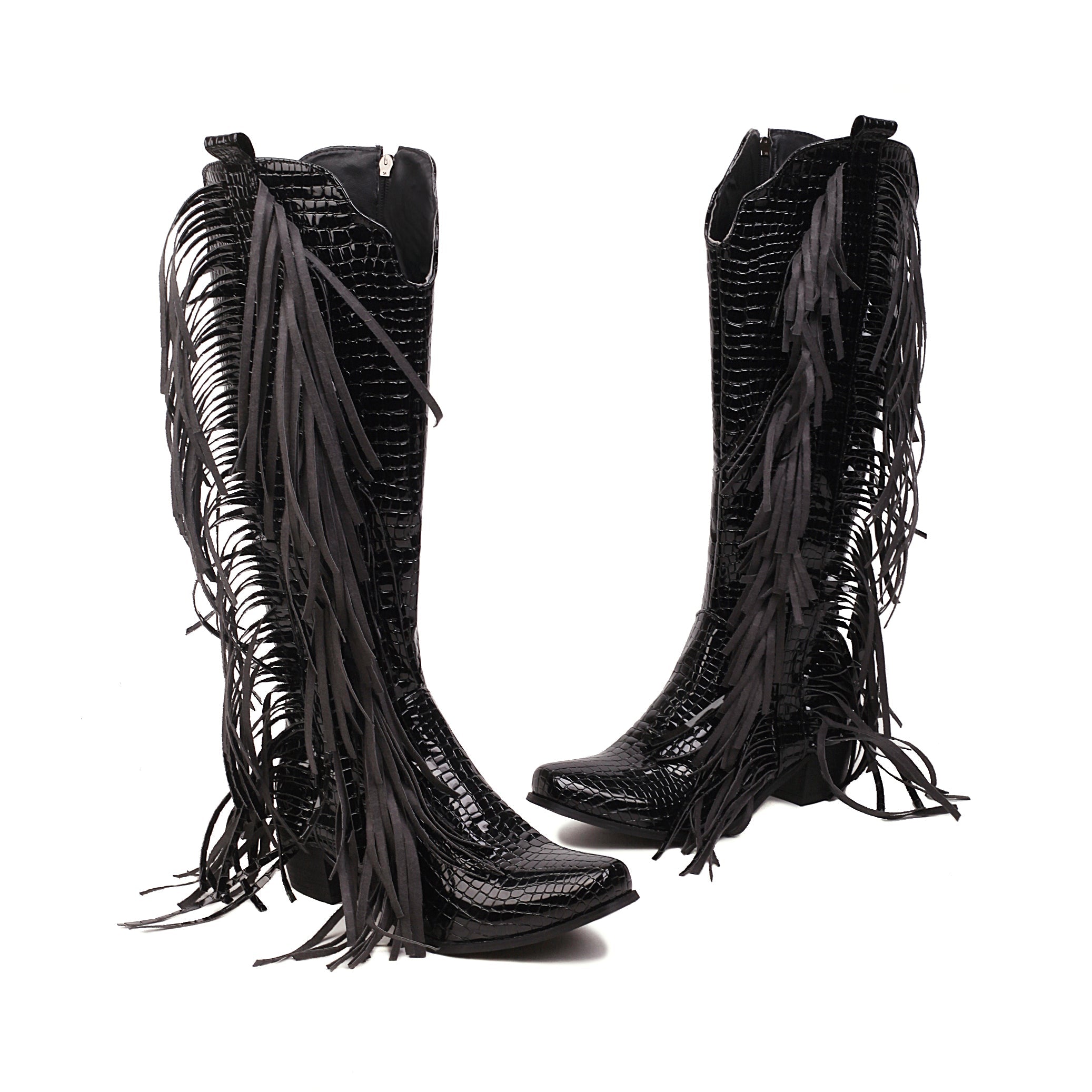 Zipper Pattern Fringe Western Cowboy Boots