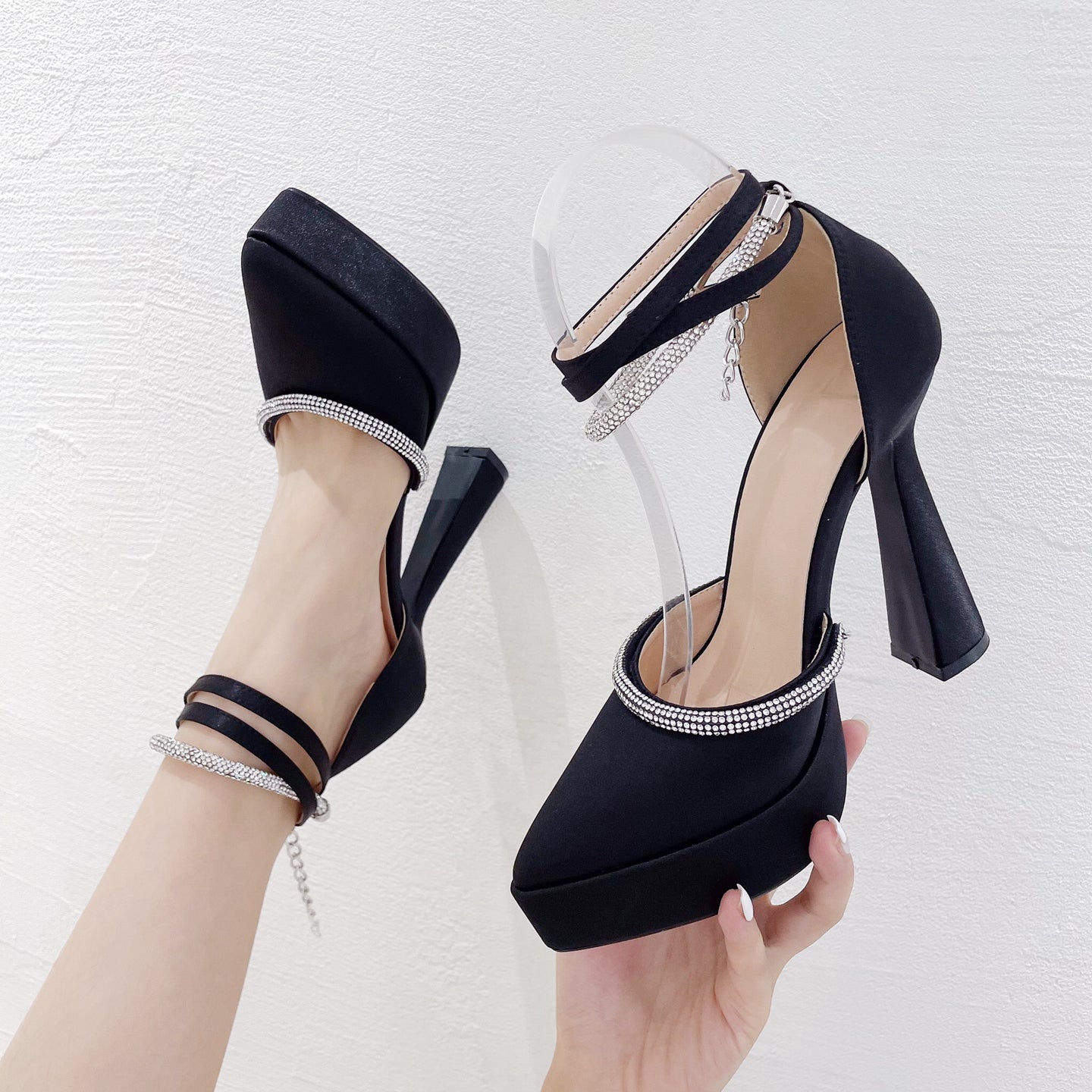 Satin Rhinestone Sandals Platform Point Toe High Heels