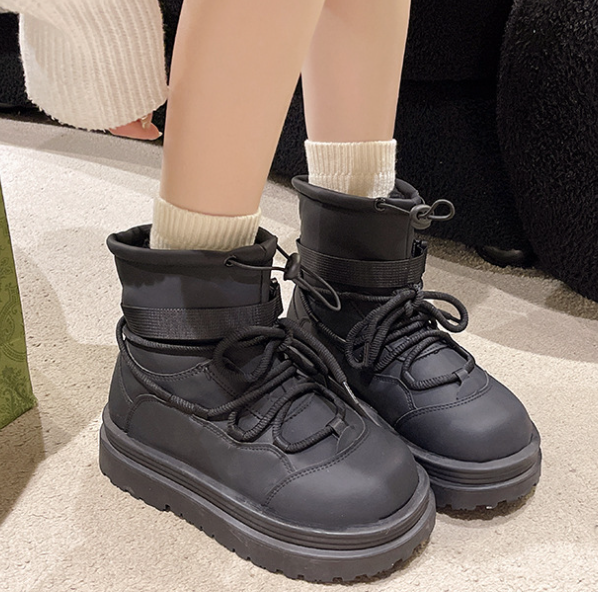 Leather Big Round Head Platform Casual Lace-up Boots