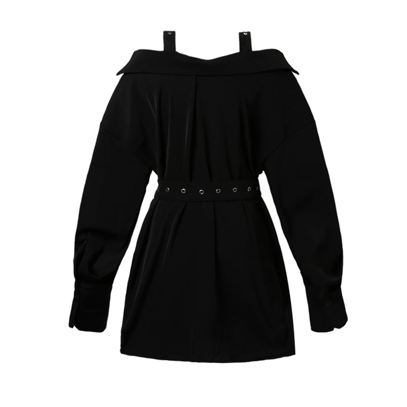 Alt Off Shoulder Black Metal Buckle Belt Shirt Dress