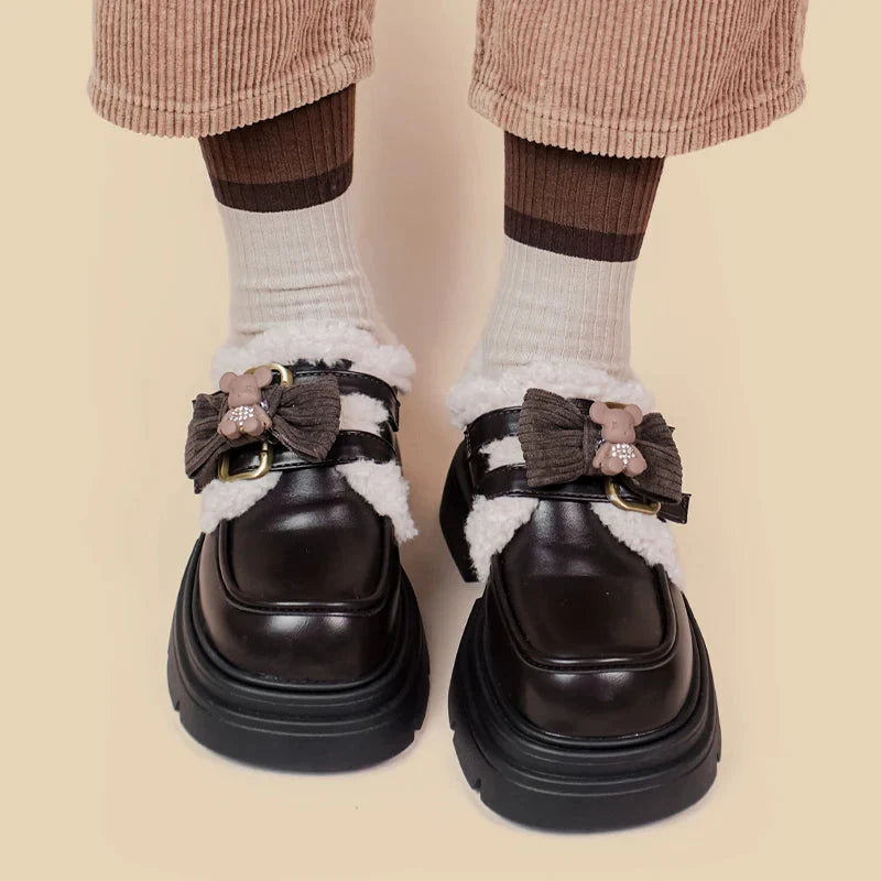 Zapatos Oxford con plataforma de osito de peluche kawaii