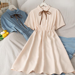 Kawaii Chiffon Bow Solid High Waist Dress