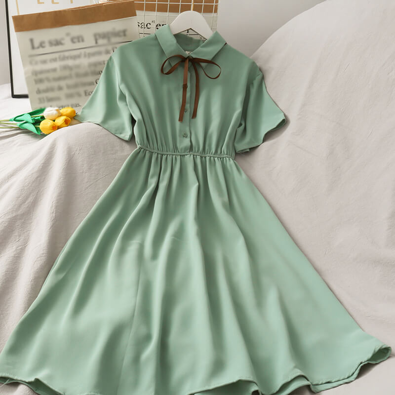 Kawaii Chiffon Bow Solid High Waist Dress