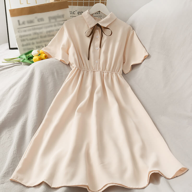 Kawaii Chiffon Bow Solid High Waist Dress