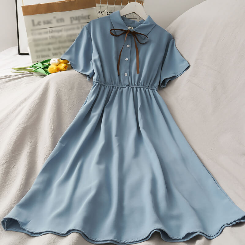 Kawaii Chiffon Bow Solid High Waist Dress