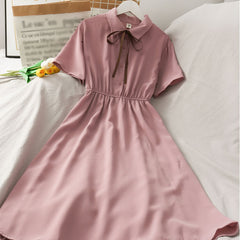 Kawaii Chiffon Bow Solid High Waist Dress