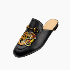 Leather Tiger Pattern Slippers Mules