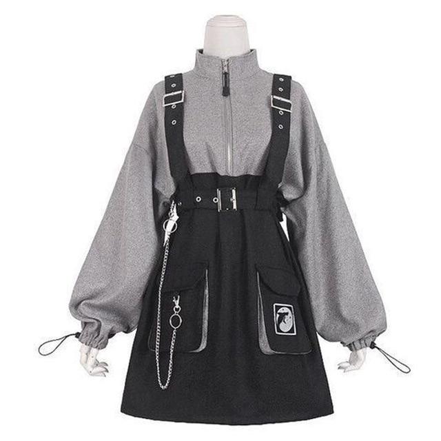 Punk Zipper Chain Pocket Sweatshirt Dress – Baly Shop Punk Zipper Chain Pocket Sweatshirt Dress – Baly Shop