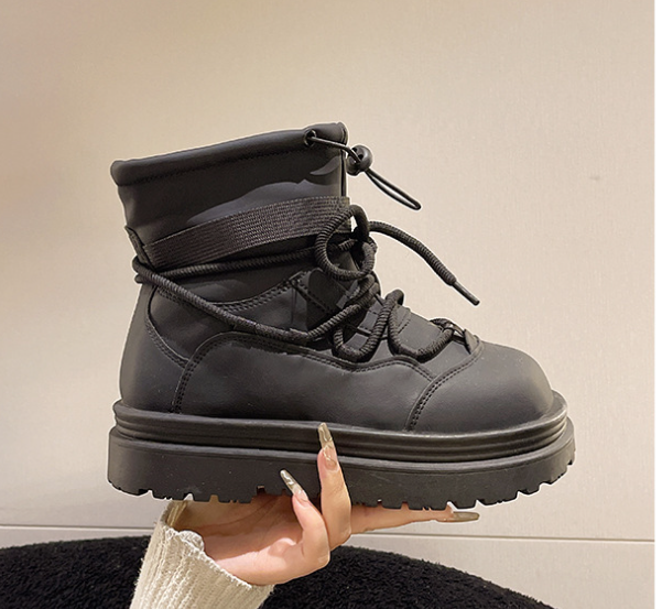 Leather Big Round Head Platform Casual Lace-up Boots