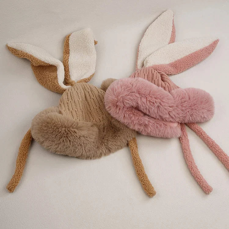 Winter Plush Knitted Beanie Hat Rabbit Ear Hats for Girls