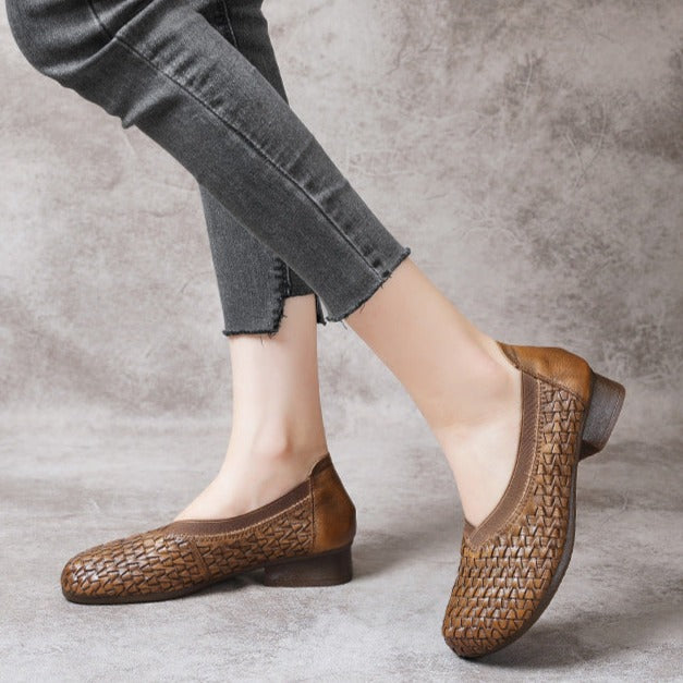 Chunky Heel Soft Cowhide Woven Leather Shoes Women