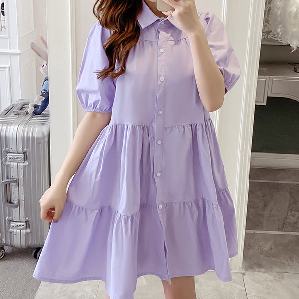 Cute Fashion Puff Sleeve Tiered Shirt Dress