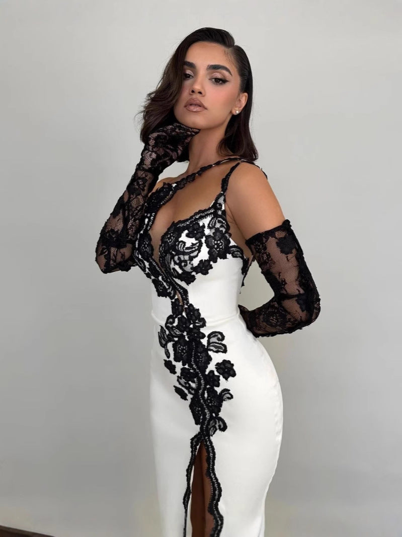 Black lace long leg revealing dress sexy party dress
