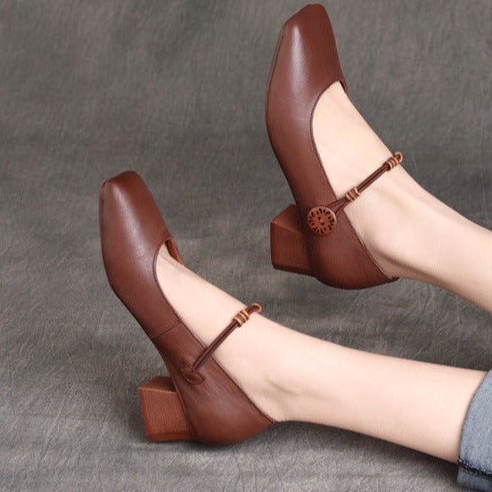 Square Toe Cowhide Leather Chunky Heeled Pumps