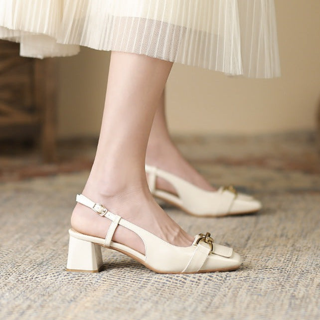 Metal Buckle Decoration Square Toe Slingback Pumps