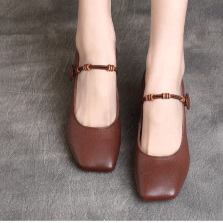 Square Toe Cowhide Leather Chunky Heeled Pumps