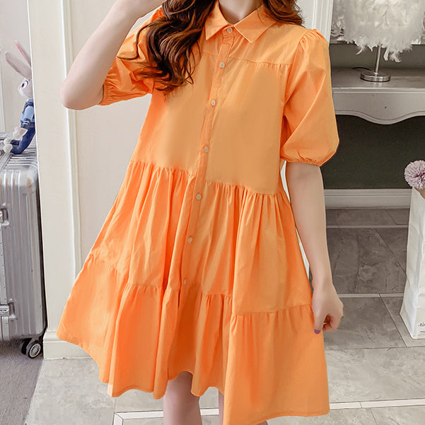 Cute Fashion Puff Sleeve Tiered Shirt Dress