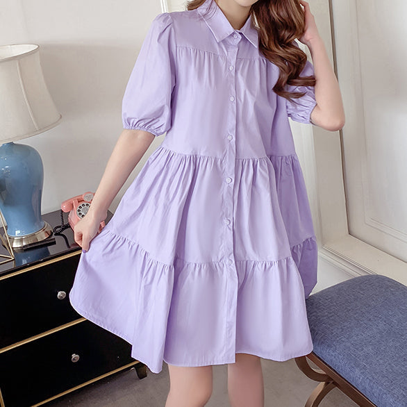 Cute Fashion Puff Sleeve Tiered Shirt Dress