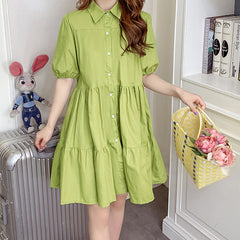 Cute Fashion Puff Sleeve Tiered Shirt Dress