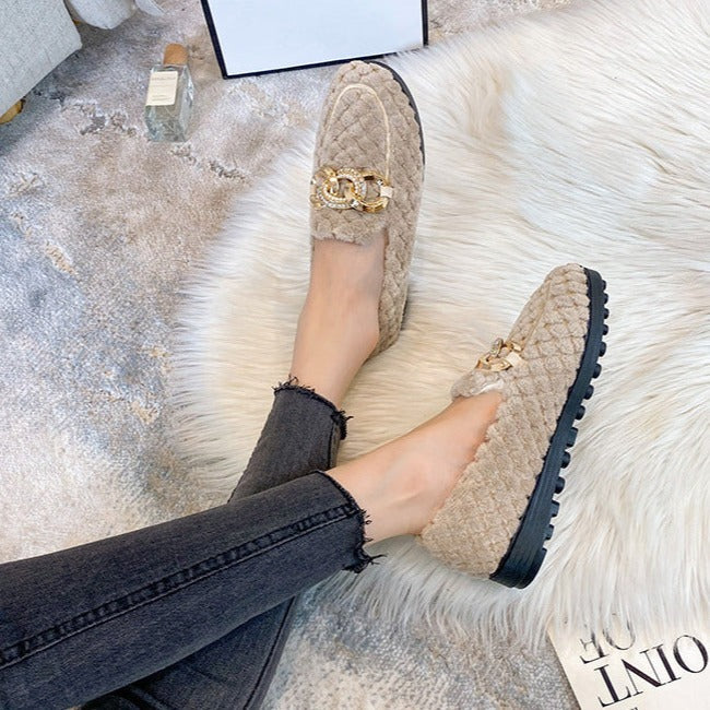 Metal Chain Winter Warm & Comfortable Plush Fur Loafers Shoes