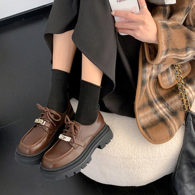 Oxford Leather Twist Lock Platform Lace-Up Shoes