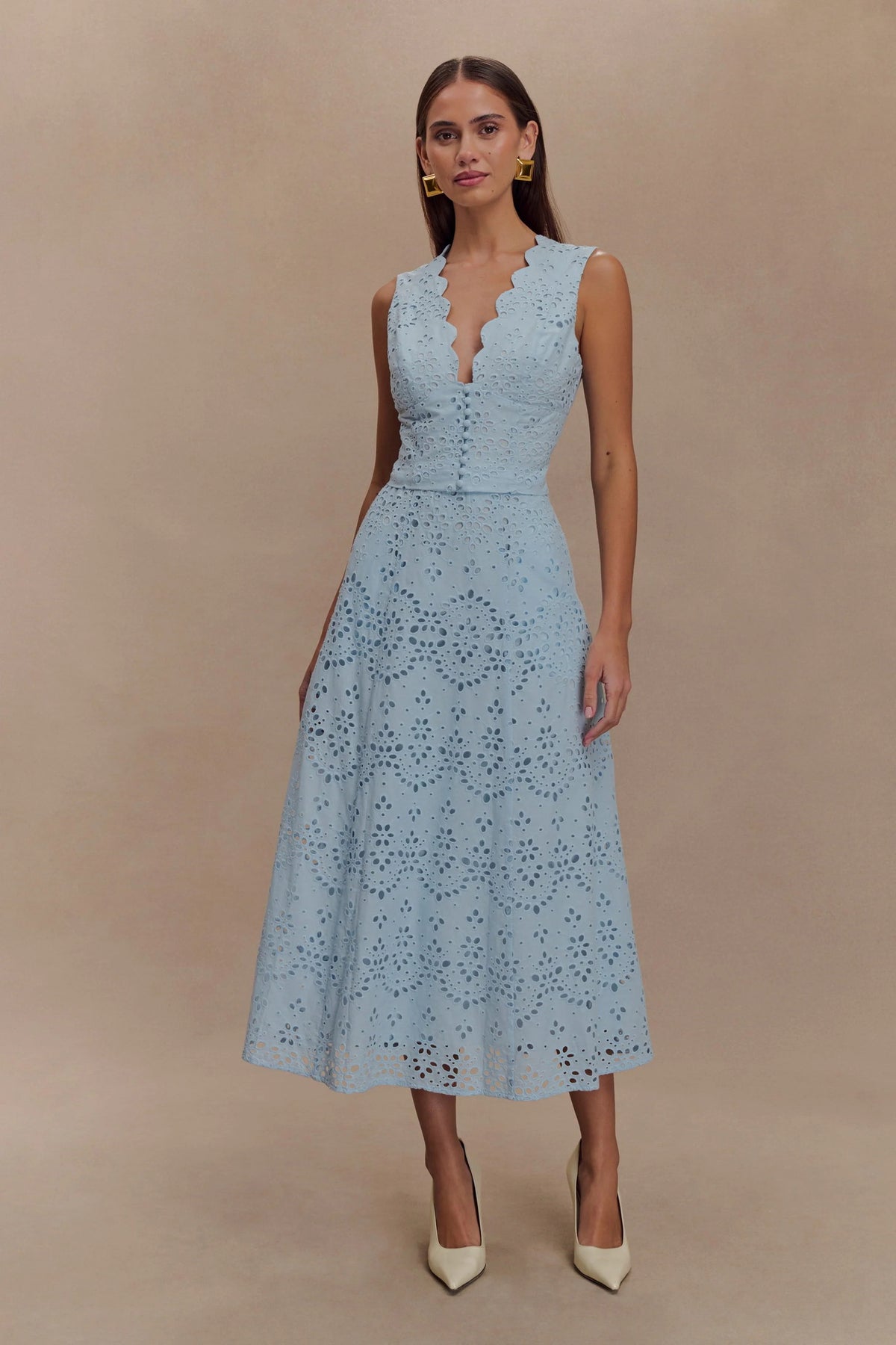 TIERED EYELET LACE MIDI DRESS IN WHITE