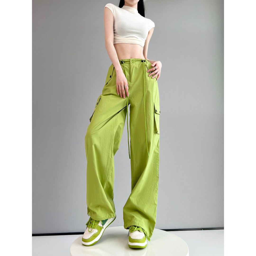 Spring Summer Drawstring High Waist Wide Leg Loose Multi-pockets Pant