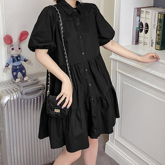 Cute Fashion Puff Sleeve Tiered Shirt Dress