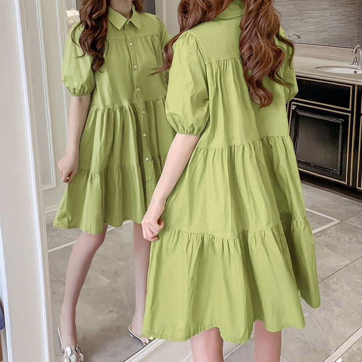 Cute Fashion Puff Sleeve Tiered Shirt Dress