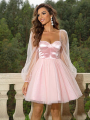 Sweetheart Neck Lantern Sleeve Mesh Overlay Bustier Dress - Pink