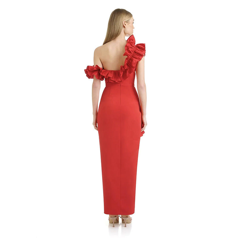 Ruffled V-Neck Slit Party Evening Dress