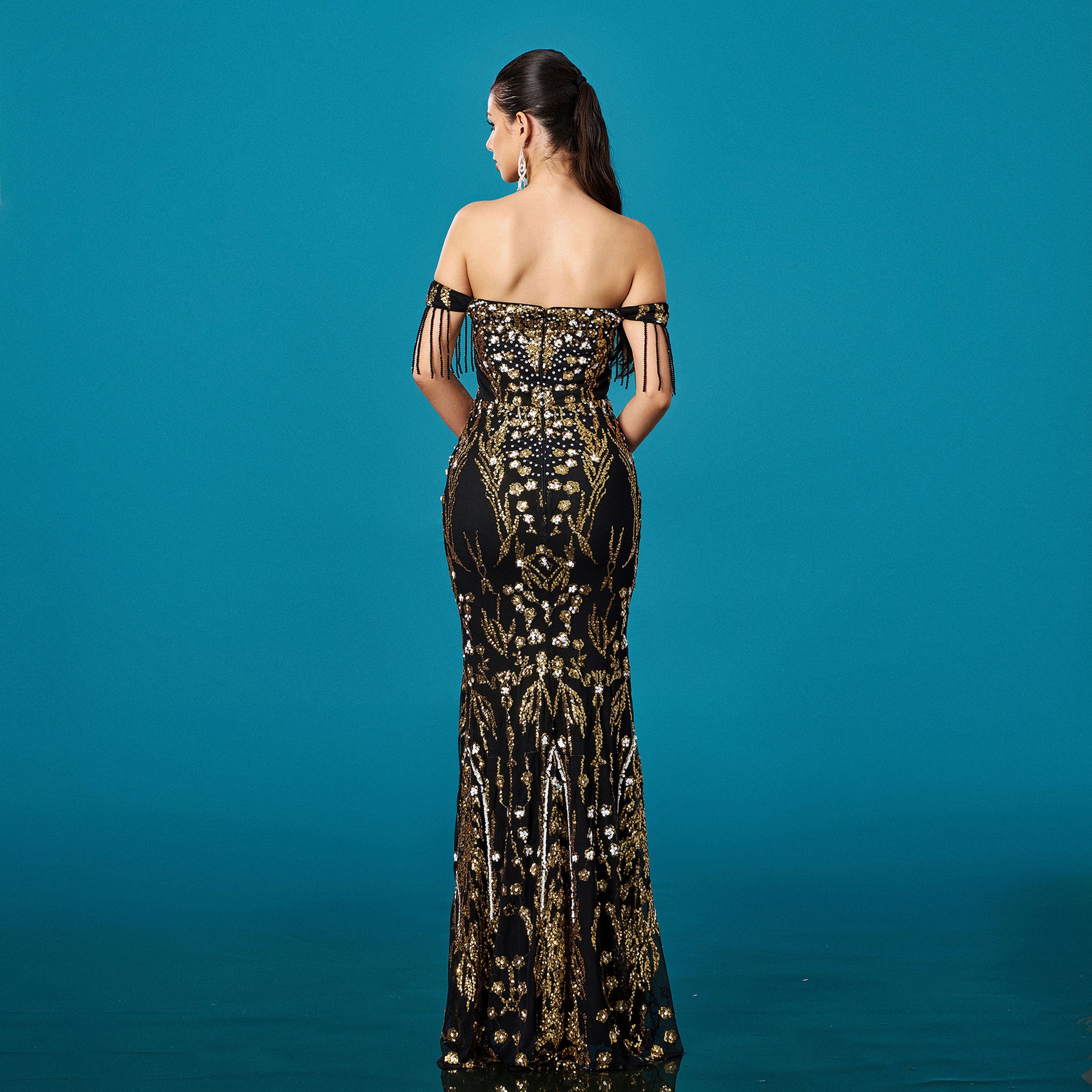 One-neck tassel banquet sequined fishtail evening dress