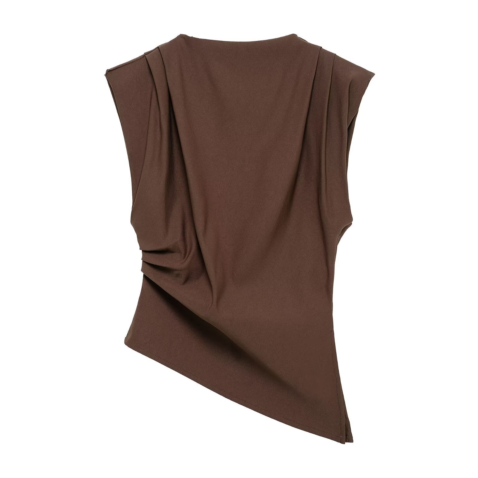 Asymmetrical Pleated Round-Neck Fitted Top